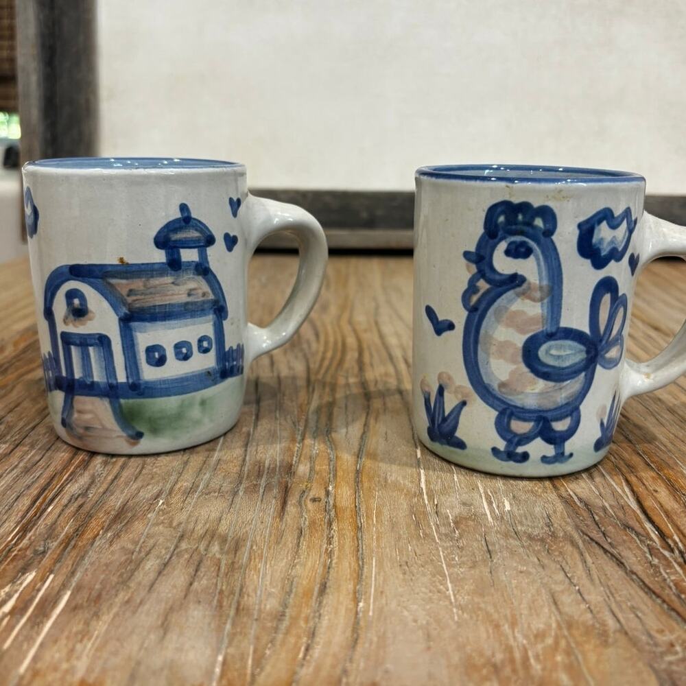 Vintage Handmade Folk Art Pottery Mug Pair Chicken House Signed N.A. Hadley